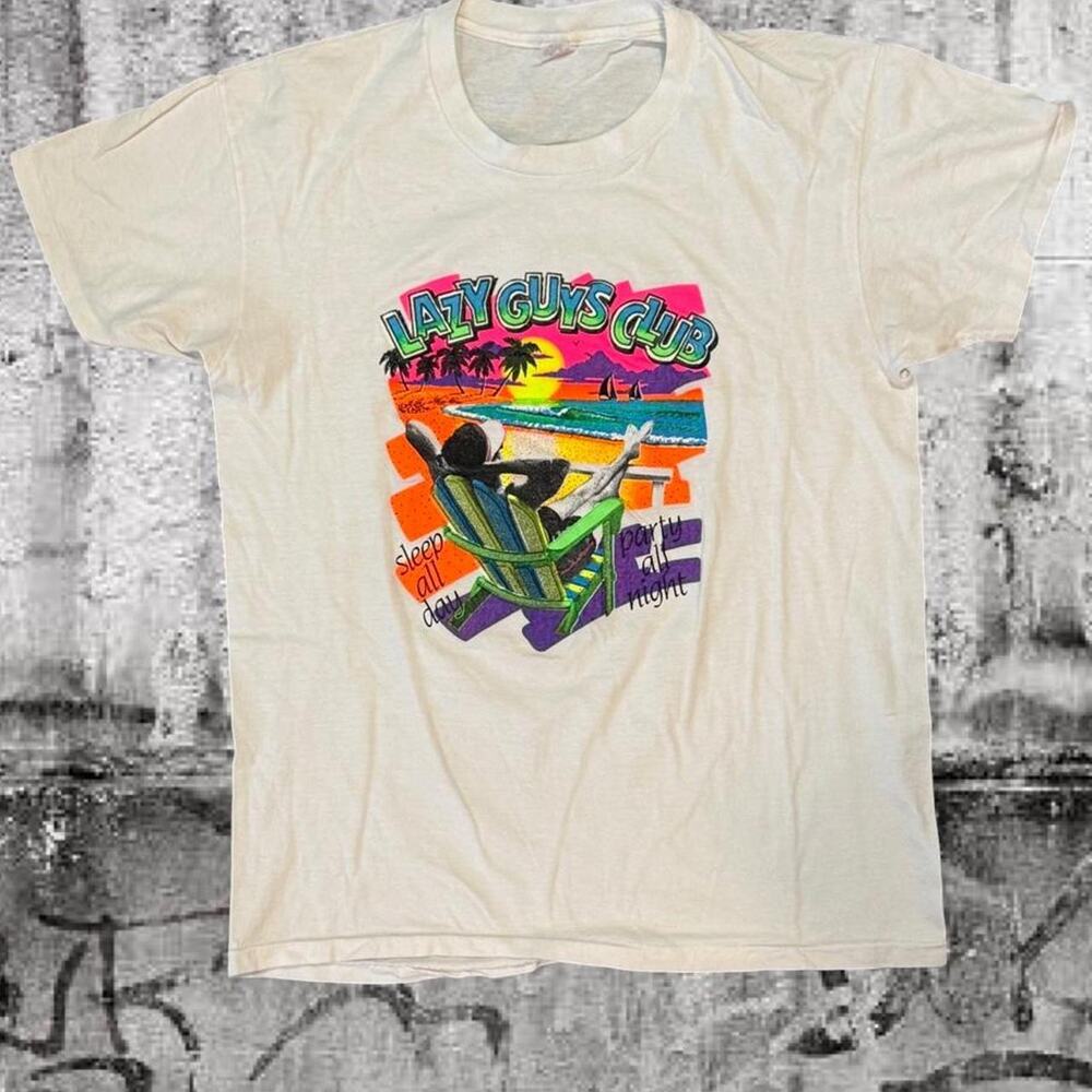 Vintage 90s Lazy Guys Club Party All Night Surf Beach T-Shirt XL USA Made